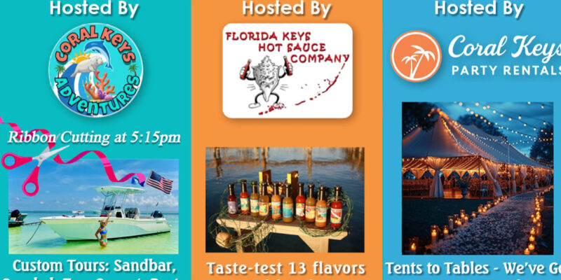 Islamorada Chamber of Commerce 3rd Tuesday Chamber Networking Event on Tuesday, October 21st, 2025, from 5:00 to 6:30 pm at Whale Harbor Marina, 83413 Overseas Hwy, MM 83.4 (O). The event will be on the dock by Coral Keys Adventures, marked by a fish sculpture. Hosted by Coral Keys Adventures (offering custom tours: sandbar, snorkel, eco, sunset, party) with a ribbon cutting at 5:15 pm, Florida Keys Hot Sauce Company (taste-test 13 flavors with prizes), and Coral Keys Party Rentals (providing tents to tables). The event includes ribbon cutting, light bites, drinks, and hot sauce tasting. Members pay $8 online or $10 at the door; non-members $15. Contact 305-664-4503 for more information.