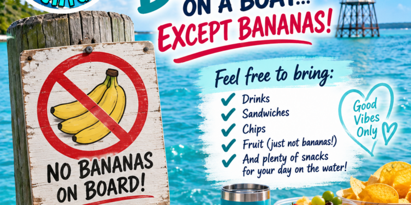Coral Keys Adventures logo featuring a manatee, dolphin, coral, and palm trees. A wooden post with a sign showing a bunch of bananas crossed out and the text "No Bananas On Board!" Below it, another sign reads "Leave the bananas on dry land! - Capt. Rebekah." Text reads "Everything's better on a boat... Except bananas!" and "Feel free to bring: Drinks, Sandwiches, Chips, Fruit (just not bananas!), and plenty of snacks for your day on the water!" A heart with "Good Vibes Only" is drawn nearby. The background shows blue ocean water, a lighthouse, and a table with snacks including fruit cups, chips, a sandwich, and a drink. At the bottom, text lists activities: Snorkel, Sandbar, Sightseeing, Sunset, Islamorada, Florida. Additional text says "Good Food. Great Friends. Amazing Adventures!